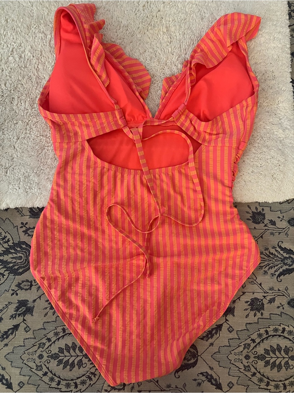 Ellen Tracy Striped Ruffle V-Neck One-Piece Swimsuit - Coral & Pink size 14 - Picture 4 of 8